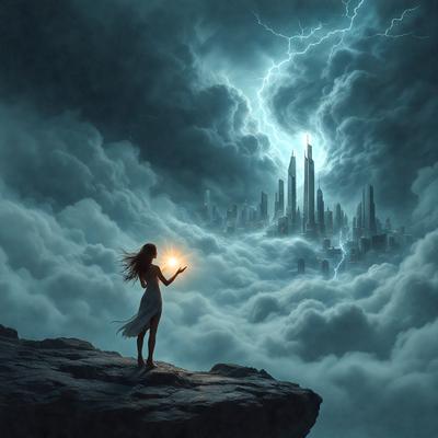 The primary subject of the image is a woman standing on a rocky cliff, holding a light. The setting is a cloudy sky, and the visual style is digital art. The woman is the main focus of the image, and the overall atmosphere is dramatic and moody.